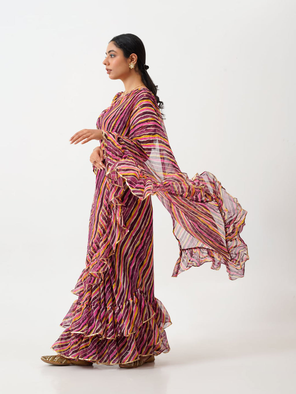 Tikhi Imli Brown Striped Ruffled Ready To Wear Saree