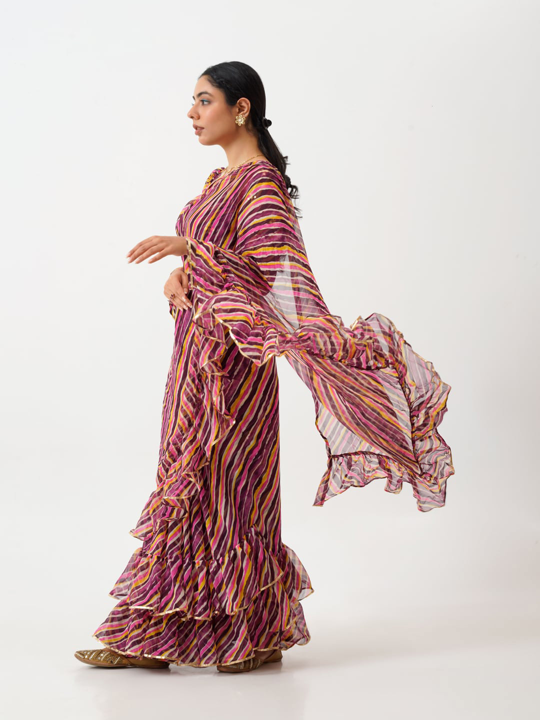 Tikhi Imli Brown Striped Ruffled Ready To Wear Saree