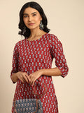 All About You Women Maroon Printed Pure Cotton Kurta with Trousers