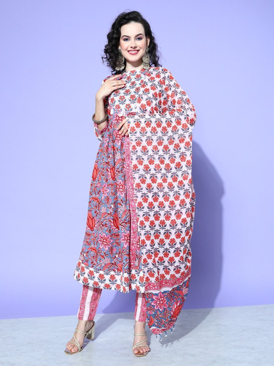 All About You Floral Printed Mirror Work Pure Cotton Kurta With Trousers & Dupatta