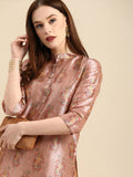 All About You Women Pink Paisley Print Mandarin Collar Pastels Chanderi Silk Blend Kurta