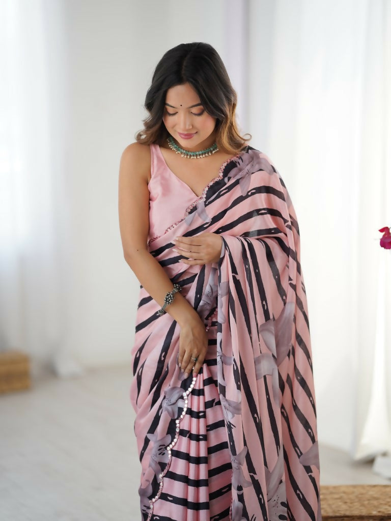 Pink Chinon Designer Digital Printed,Mirror Cut Work Saree - Manvika