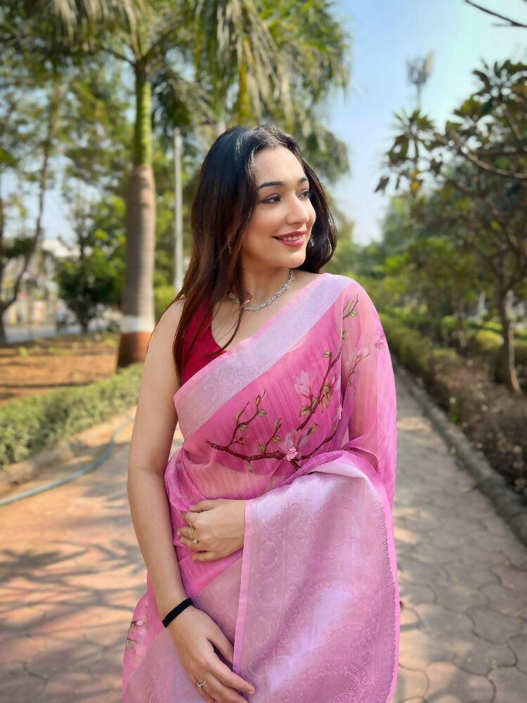 Vamsee Mehar Peach Organza Saree