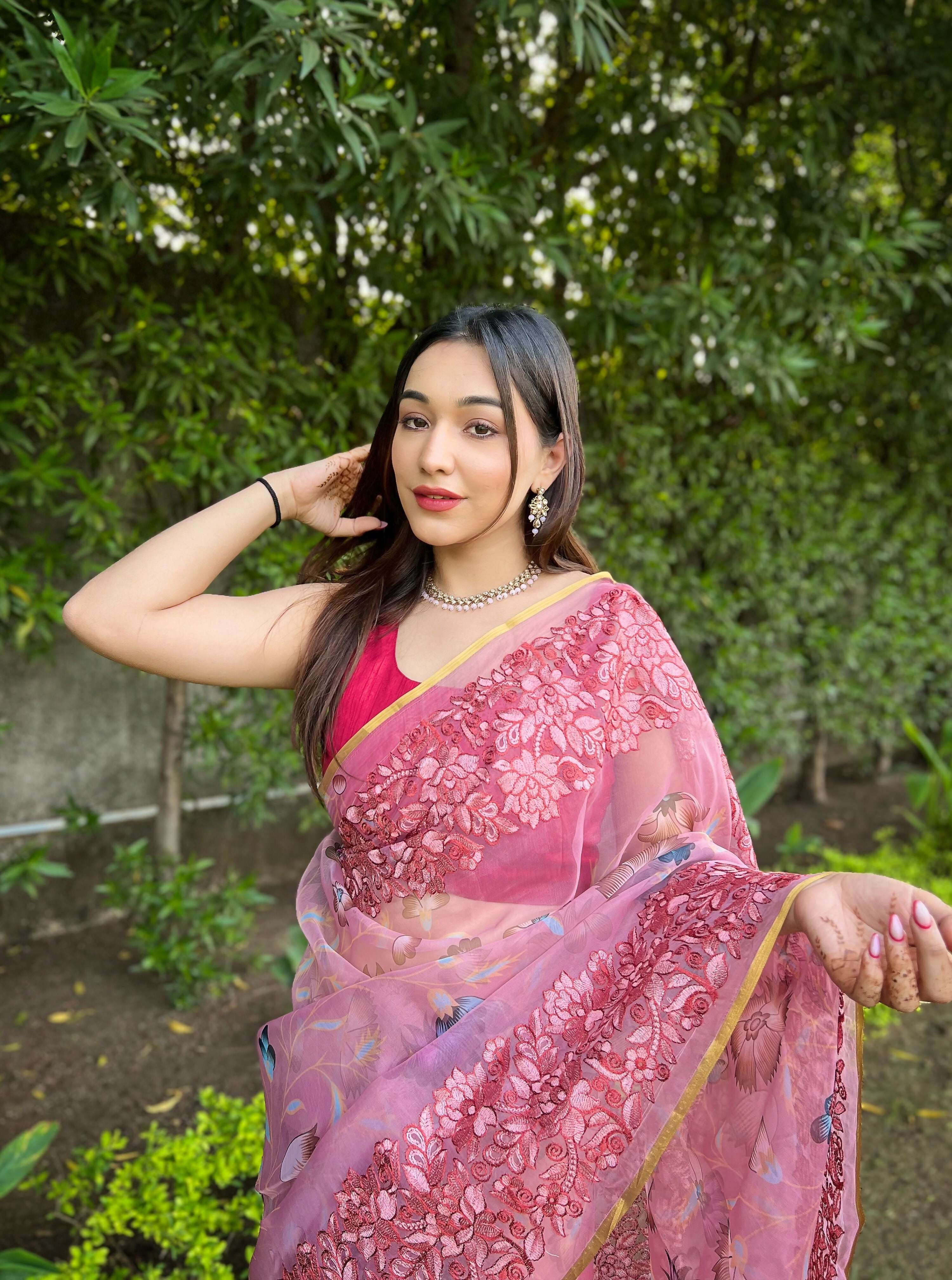 Vamsee Bavari Peach Organza Saree