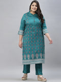 Sztori Plus Size Floral Foil Printed Mandarin Collar Straight Kurta with Trousers
