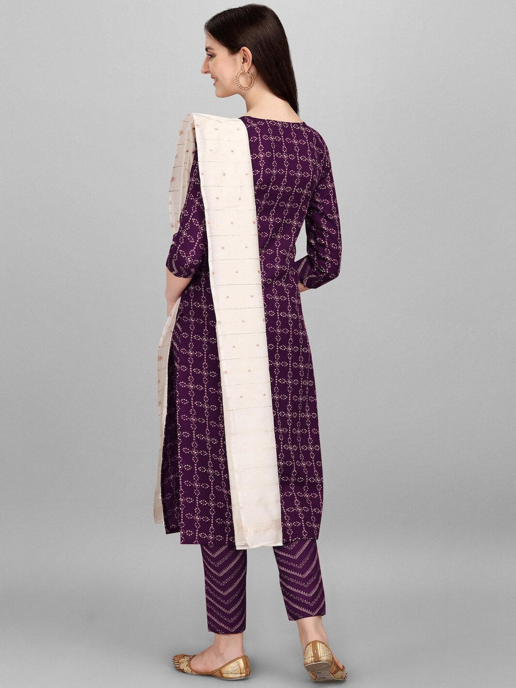 HERE&NOW Purple Ethnic Motifs Printed Pure Cotton Kurta with Trousers & With Dupatta
