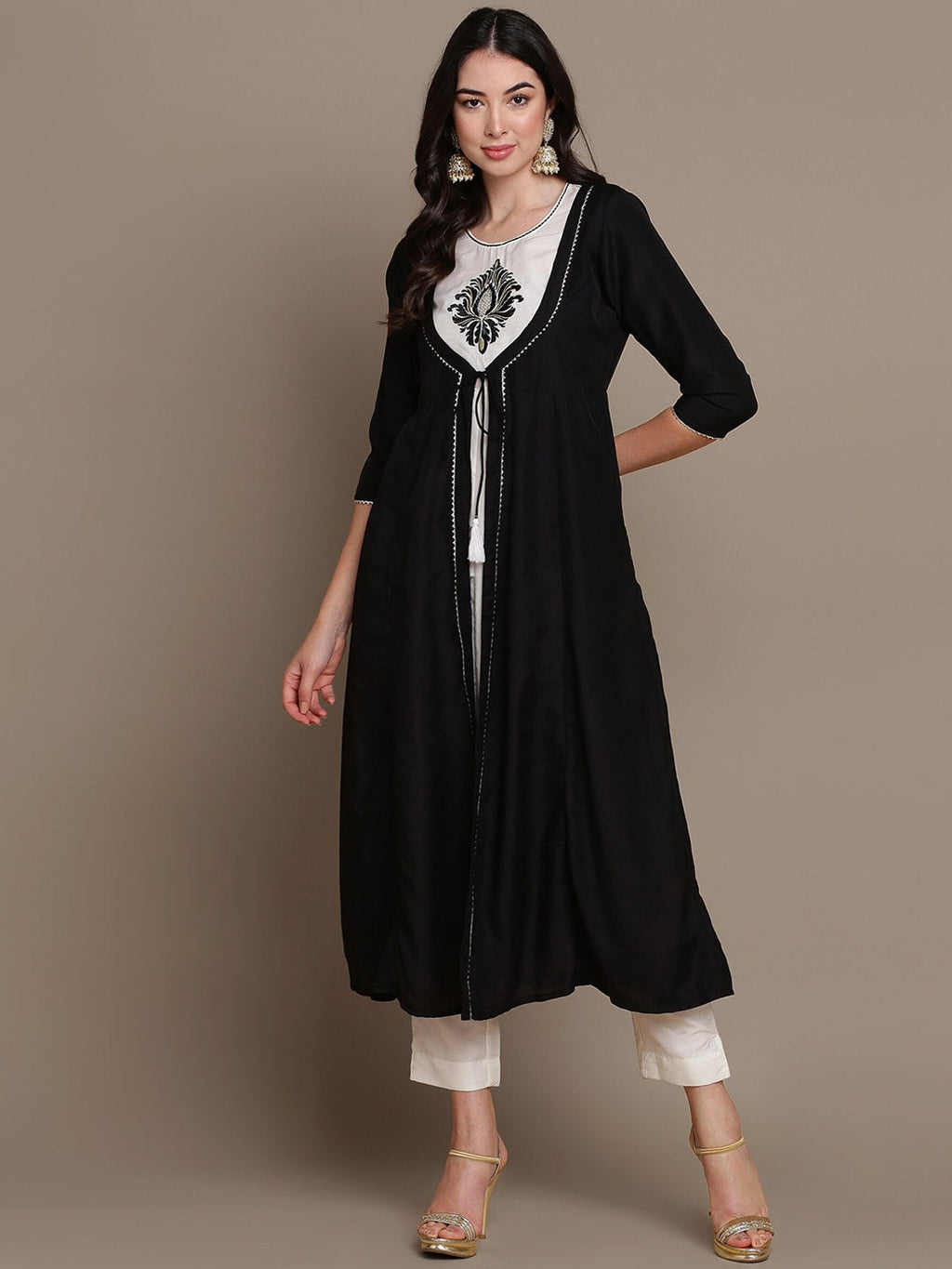 HERE&NOW Ethnic Motifs Embroidered Layered A-Line Cotton Kurta
