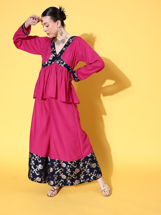 InWeave Women's Fuchsia Blue Brocade Mughal Shaan Kurta Palazzo Set
