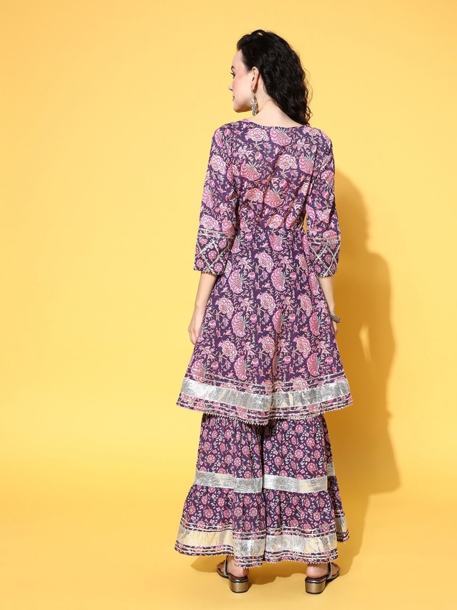All About You Women Purple Floral Printed Regular Gotta Patti Pure Cotton Kurta with Sharara