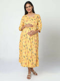Manet Three Fourth Maternity Dress Floral Print With Concealed Zipper Nursing Access - Yellow