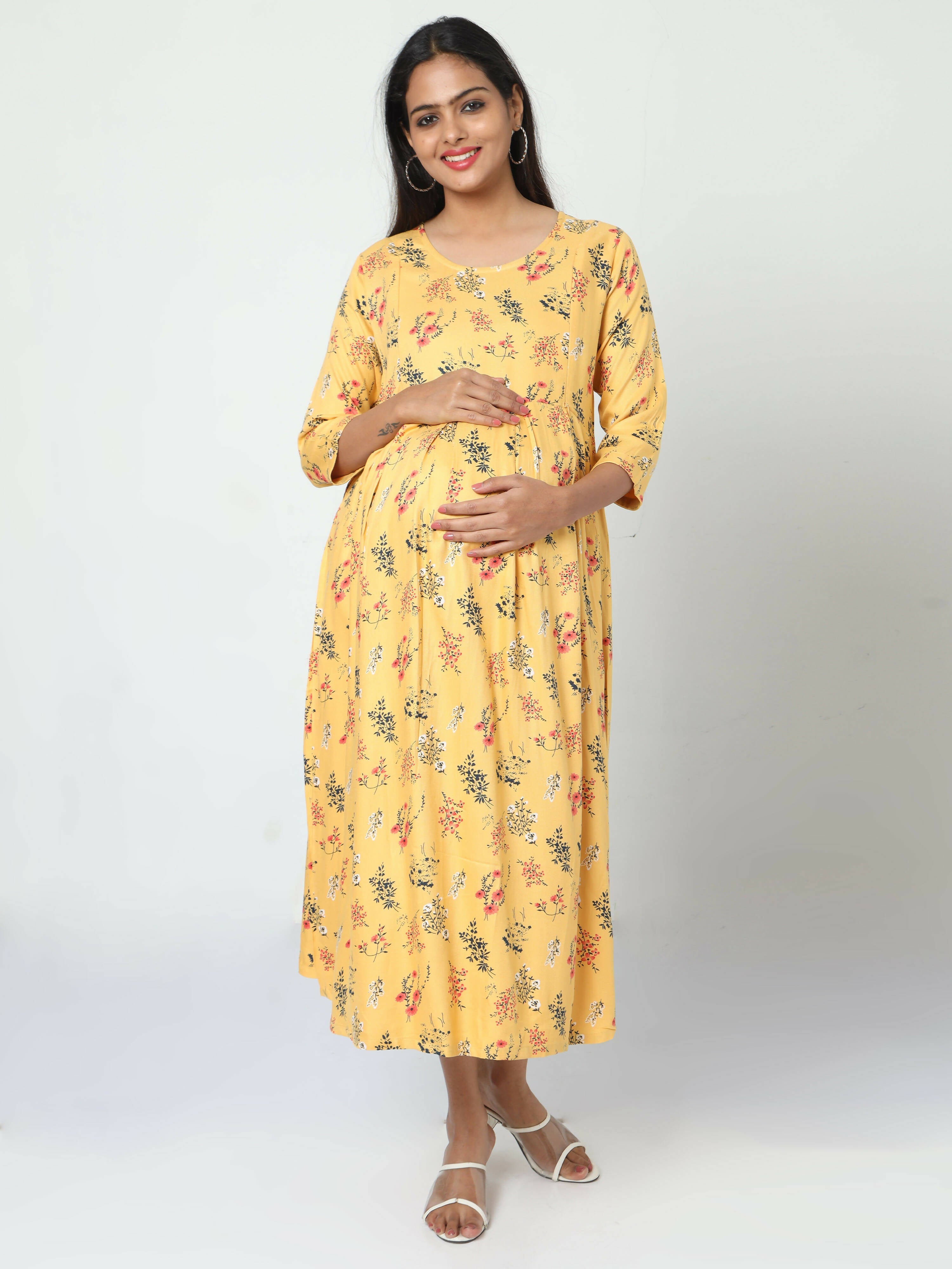 Manet Three Fourth Maternity Dress Floral Print With Concealed Zipper Nursing Access - Yellow