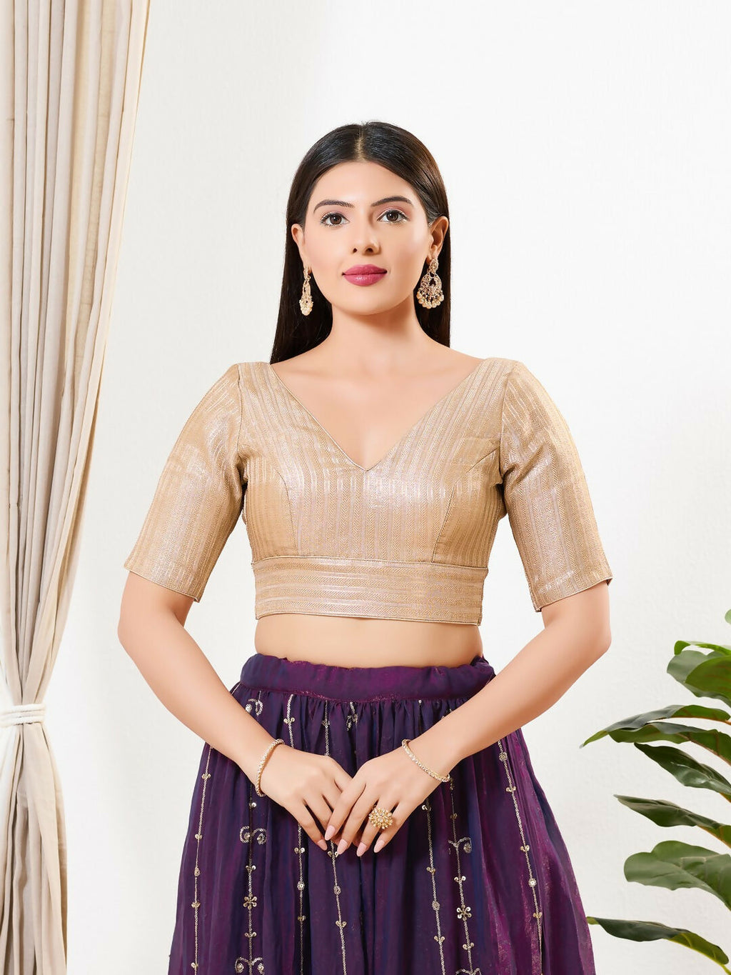 Joban Fashion Antique Gold Brocade Padded Blouse With V Neck Elbow Sleeves