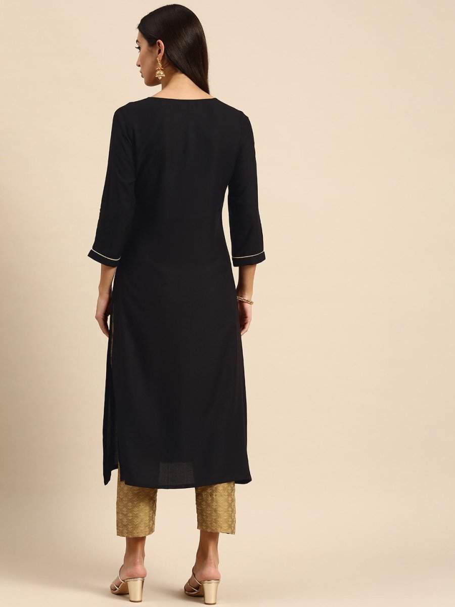 All About You Women Black Floral Yoke Design Embroidered Thread Work Straight Kurta