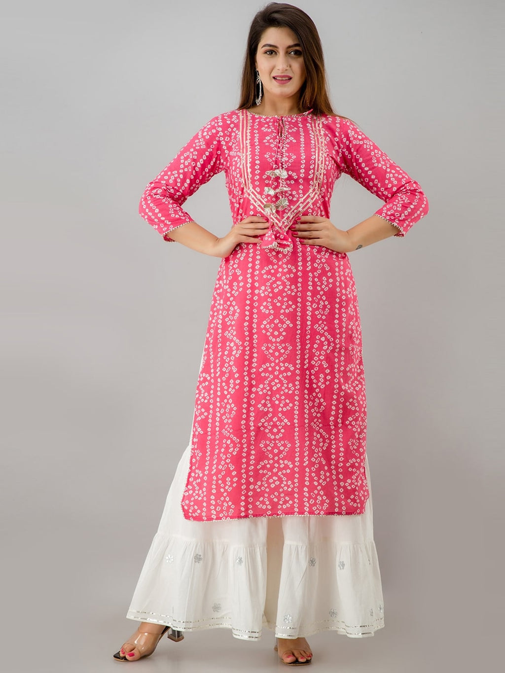 HERE&NOW Pink Bandhani Printed Gotta Patti Regular Kurta with Sharara