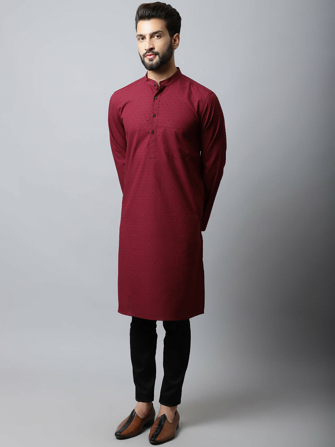 Even Apparels Maroon Color Linen Pure Cotton Men's Kurta With Side Placket (SLD1182)