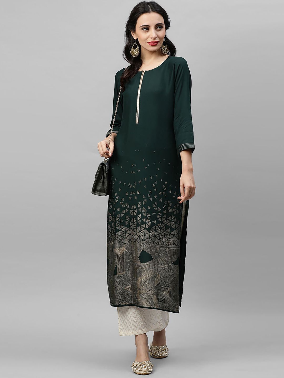 Indo Era Women Green Embroidered Straight Kurta
