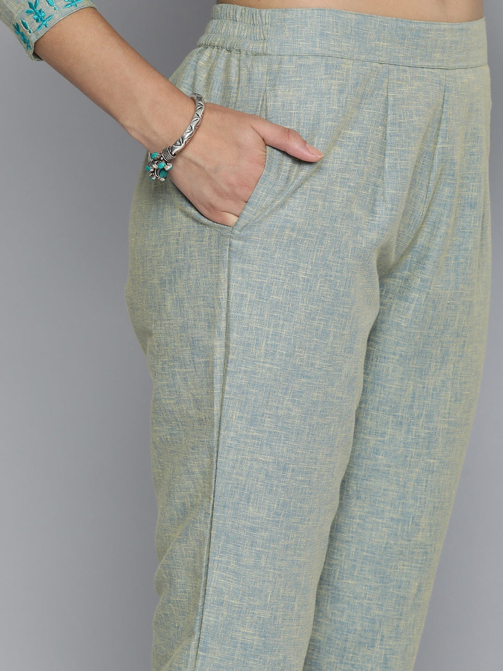 HERE&NOW Grey & Blue Embroidered Cotton Kurta with Trousers & With Dupatta