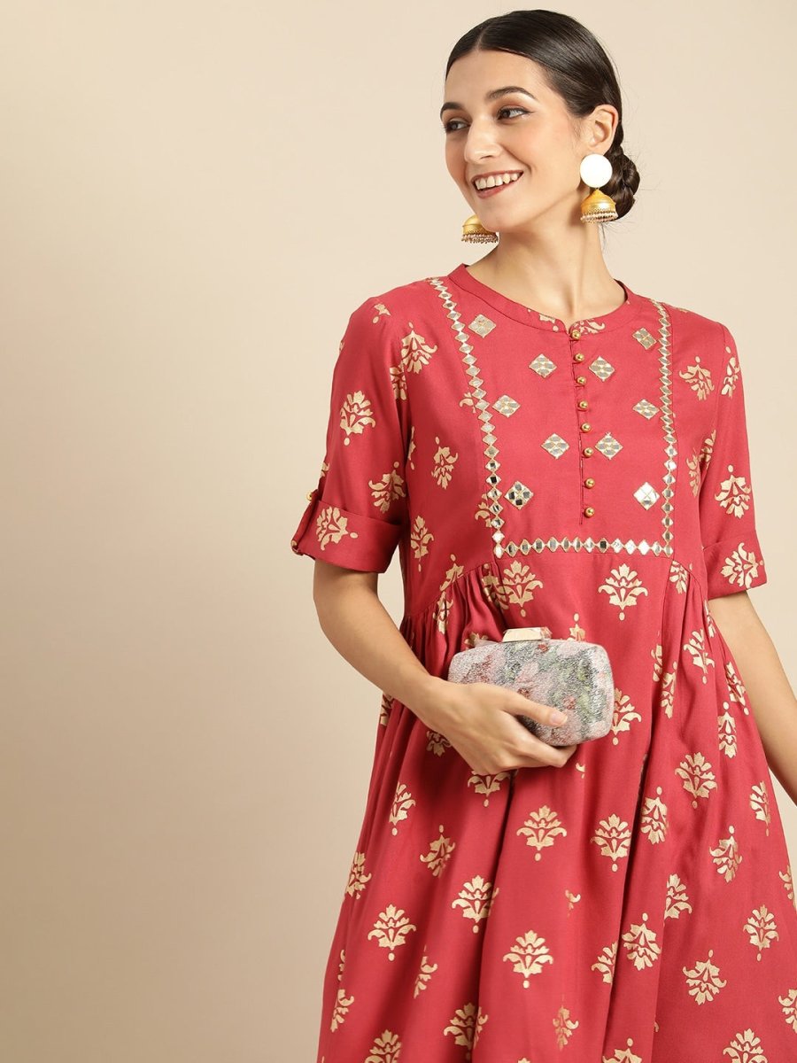 All About You Women Rust & Gold-Toned Ethnic Motifs Printed Mirror Work Kurta