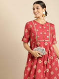 All About You Women Rust & Gold-Toned Ethnic Motifs Printed Mirror Work Kurta