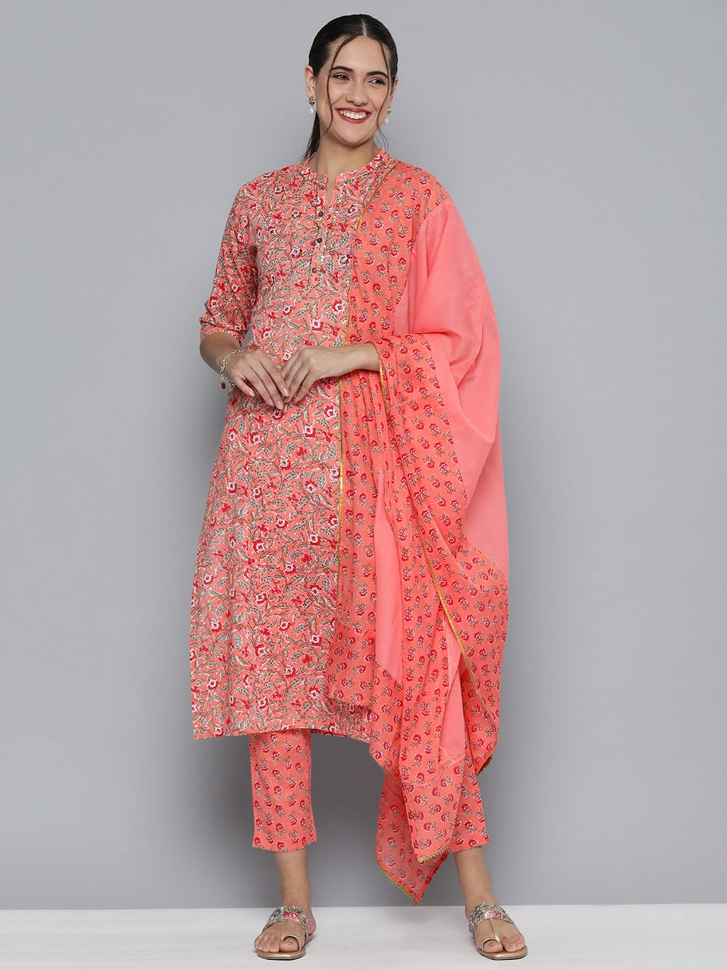 HERE&NOW Women Pink Floral Printed Pure Cotton Kurta with Trousers & With Dupatta