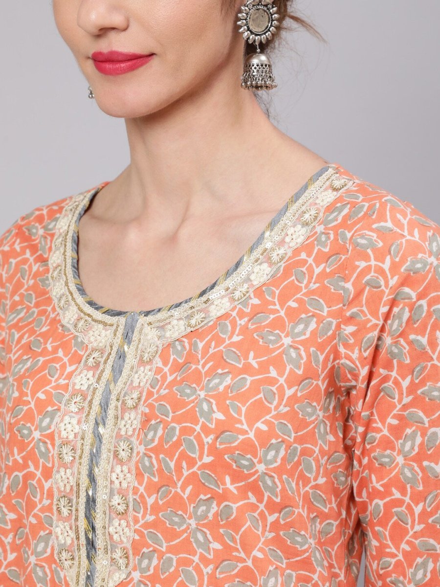 Aks Floral Printed Round Neck Cotton Straight Kurta