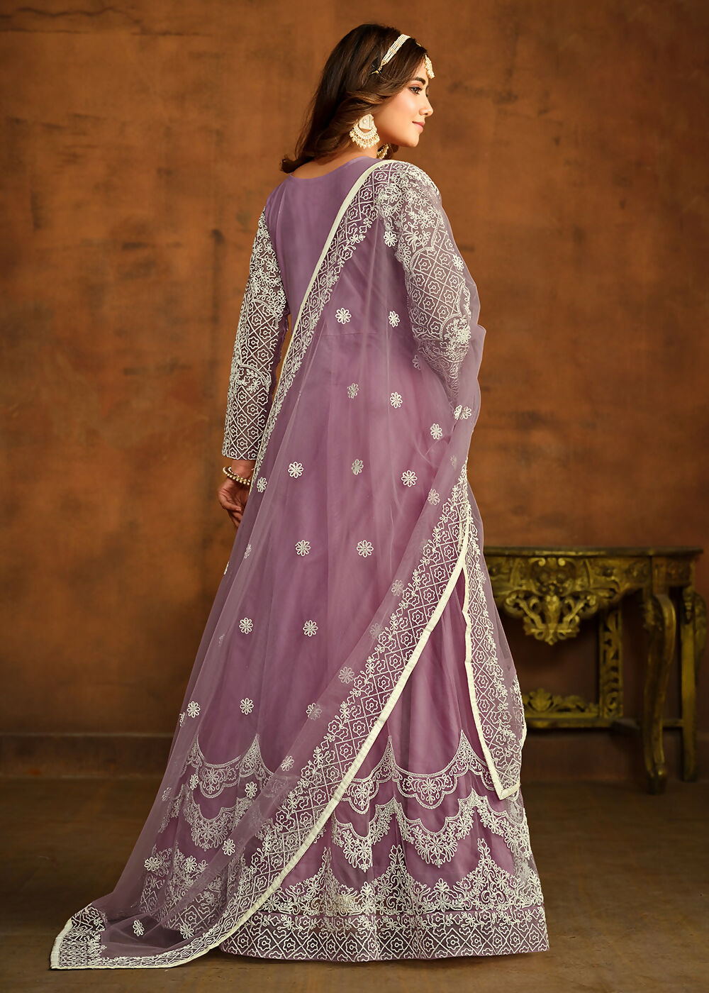 Purple All Over Embroidered Net Wedding Anarkali Suit - Emponline