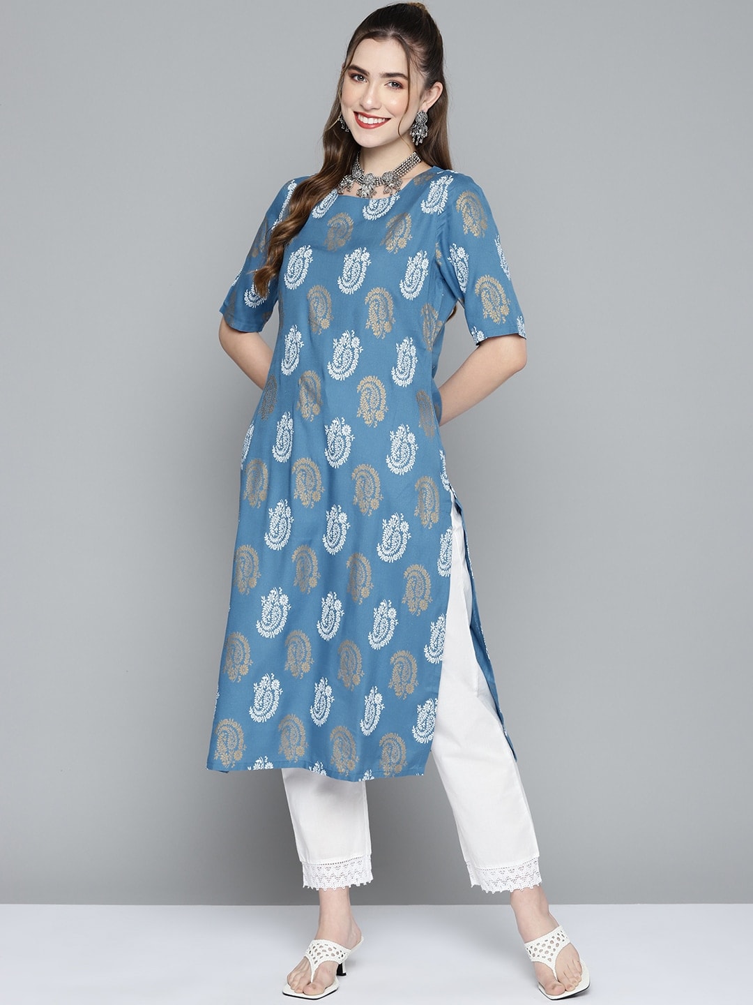 HERE&NOW Women Blue & Golden Paisley Printed Straight Kurta