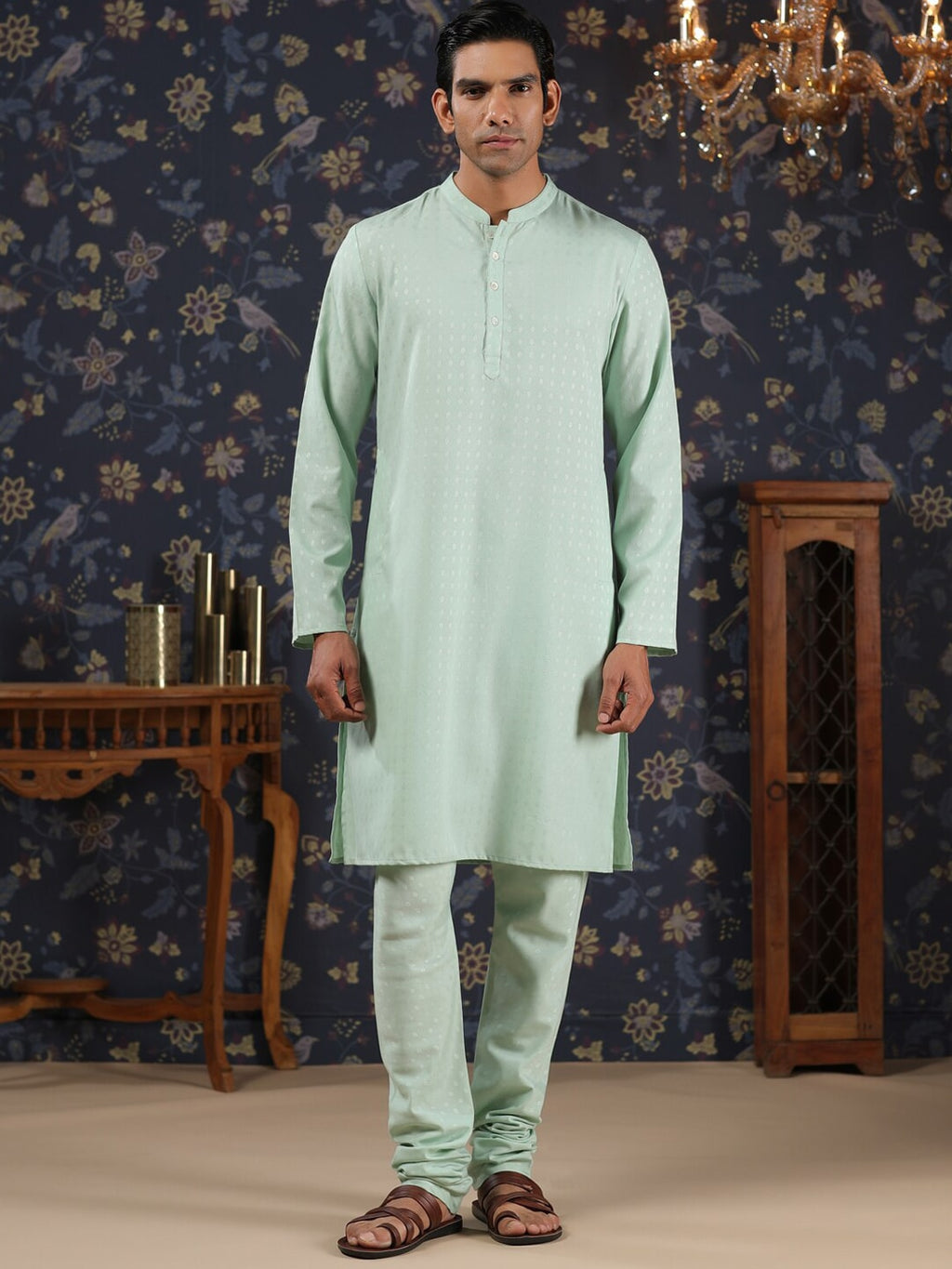 House of Pataudi Mandarin Collar Straight Kurta With Churidar & Embroidered Nehru Jacket