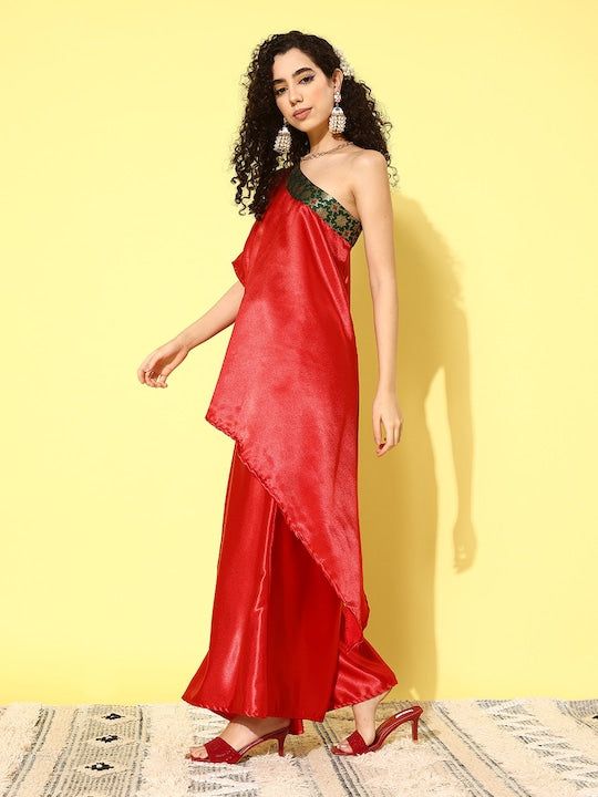 InWeave Women's Red Green Brocade Satin Oneshoulder Kurta Set