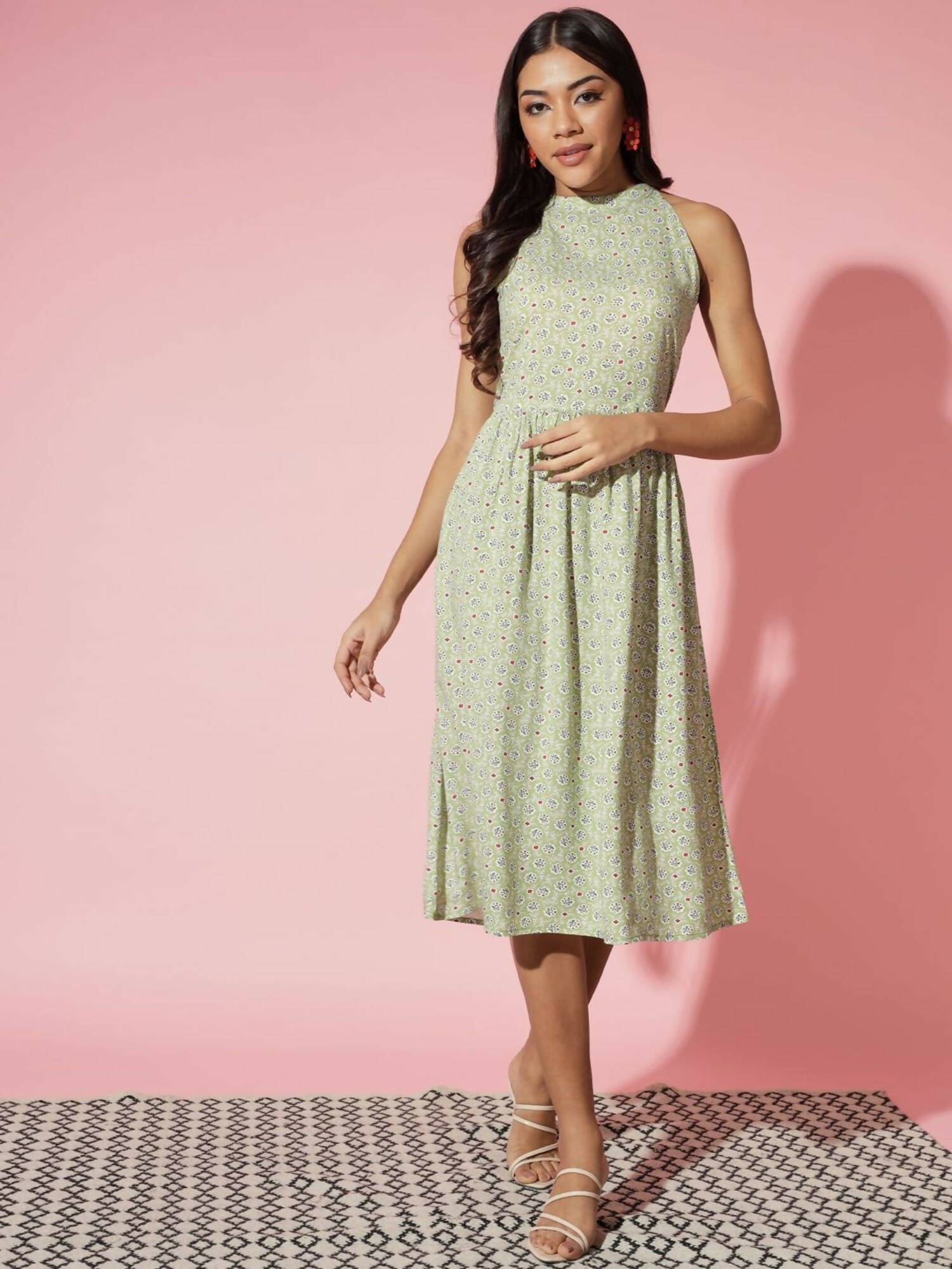 Myshka Women Ethnic Motifs Rayon A-Line Round Neck Green Dress