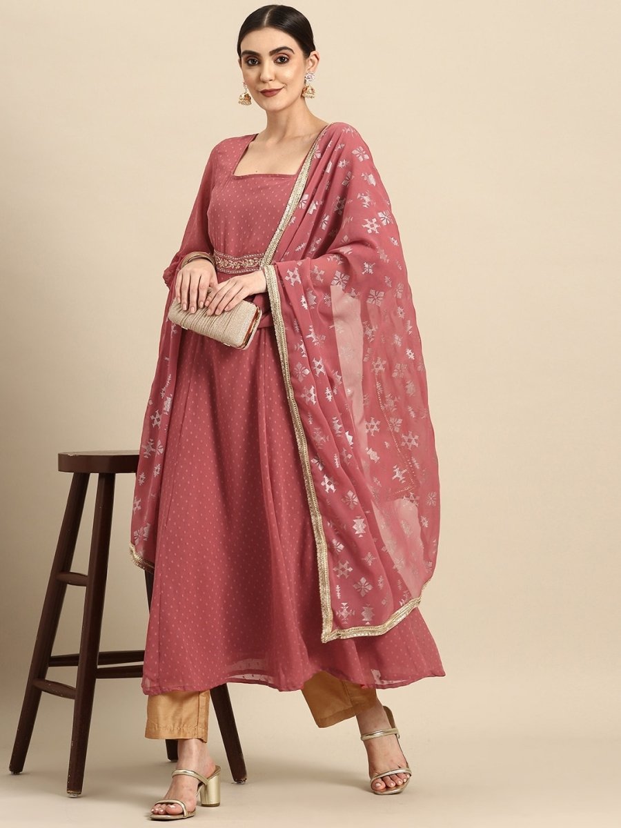 All About You Square Neck Dobby Weave A-Line Kurta With Dupatta
