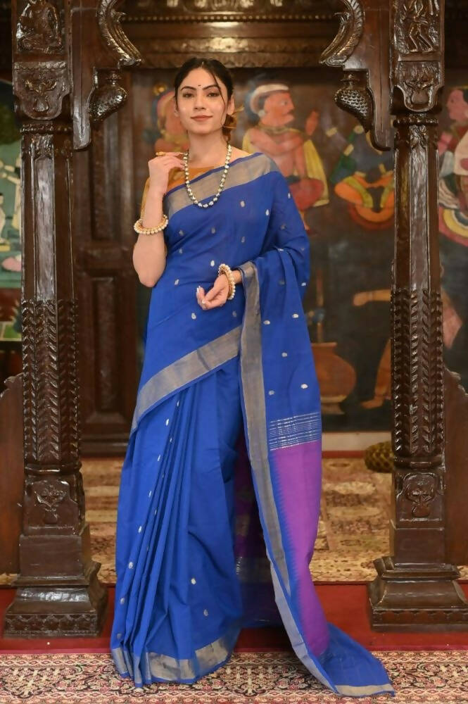 Very Much Indian Handloom Pure Cotton Paithani Swan Pallu-Marine Blue