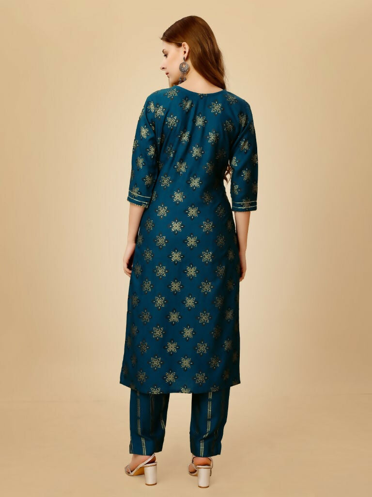 Jyoti Fashion Women's Navy Blue Viscose Rayon Embroidered Kurta Pant Set