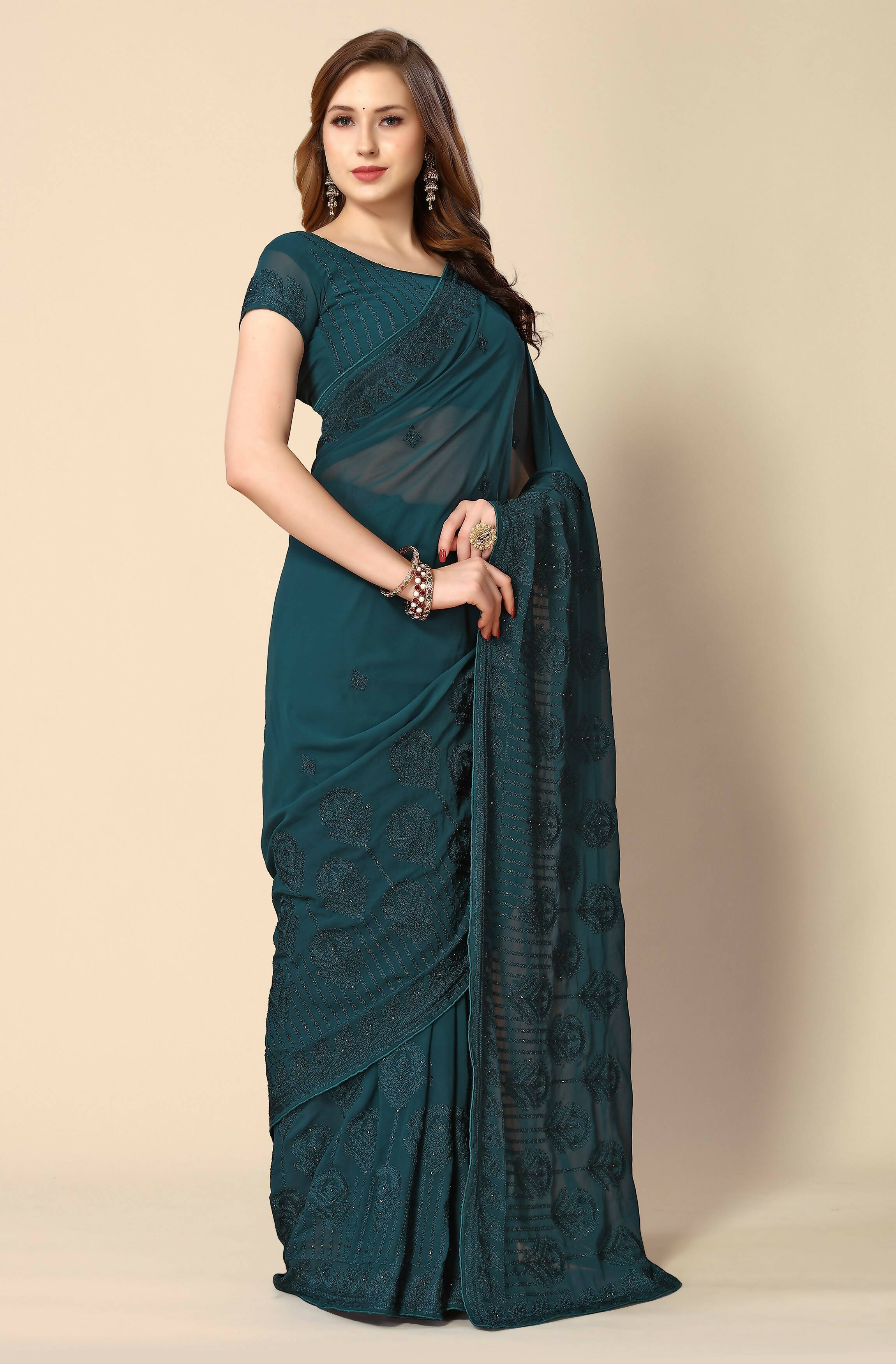 Teal Georgette Embroidered and Stone Work Saree with Unstitched Blouse Piece - Roozal