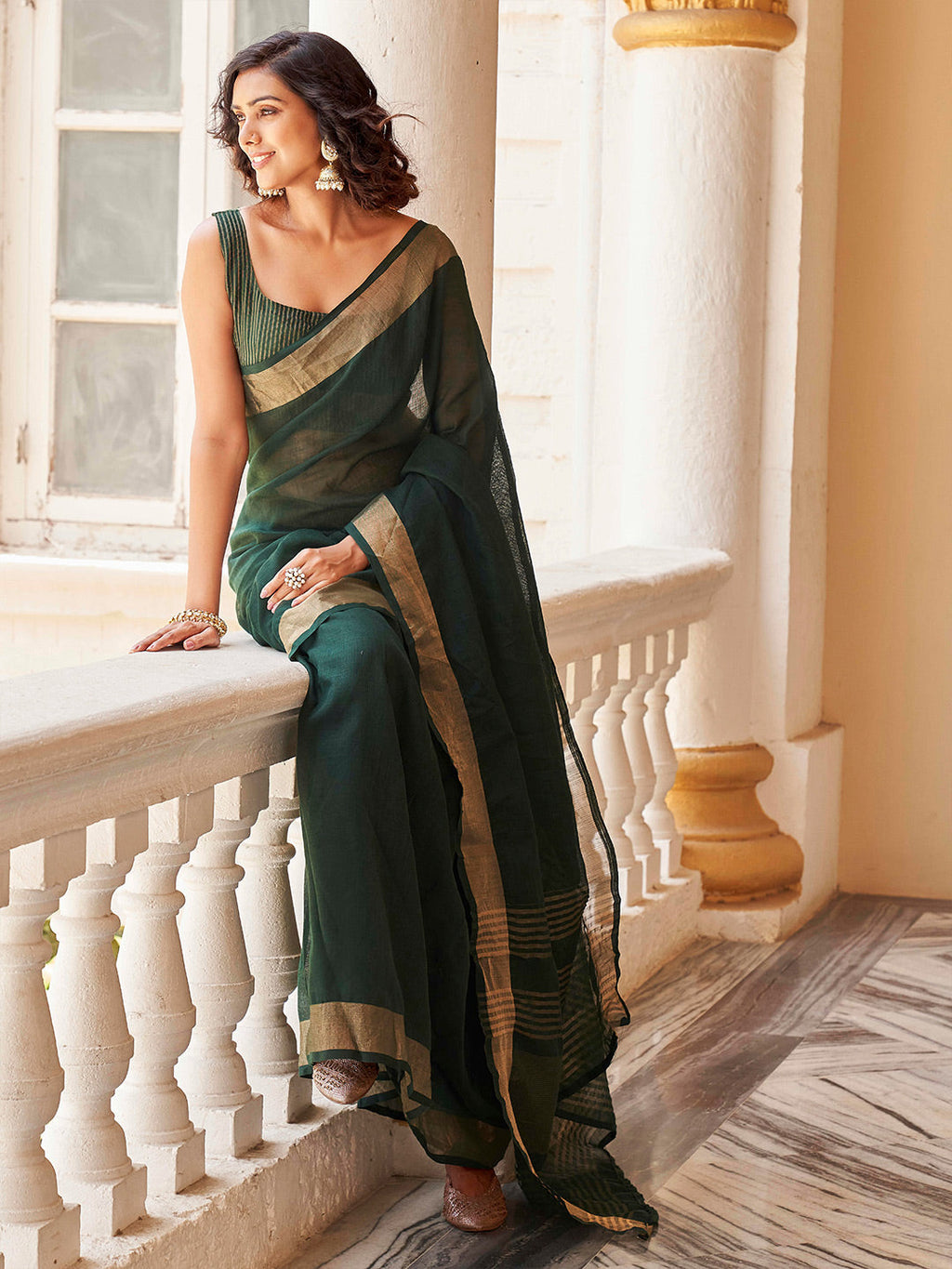 Tikhi Imli Green & Gold-Toned Polycotton Zari Ready to Wear Saree