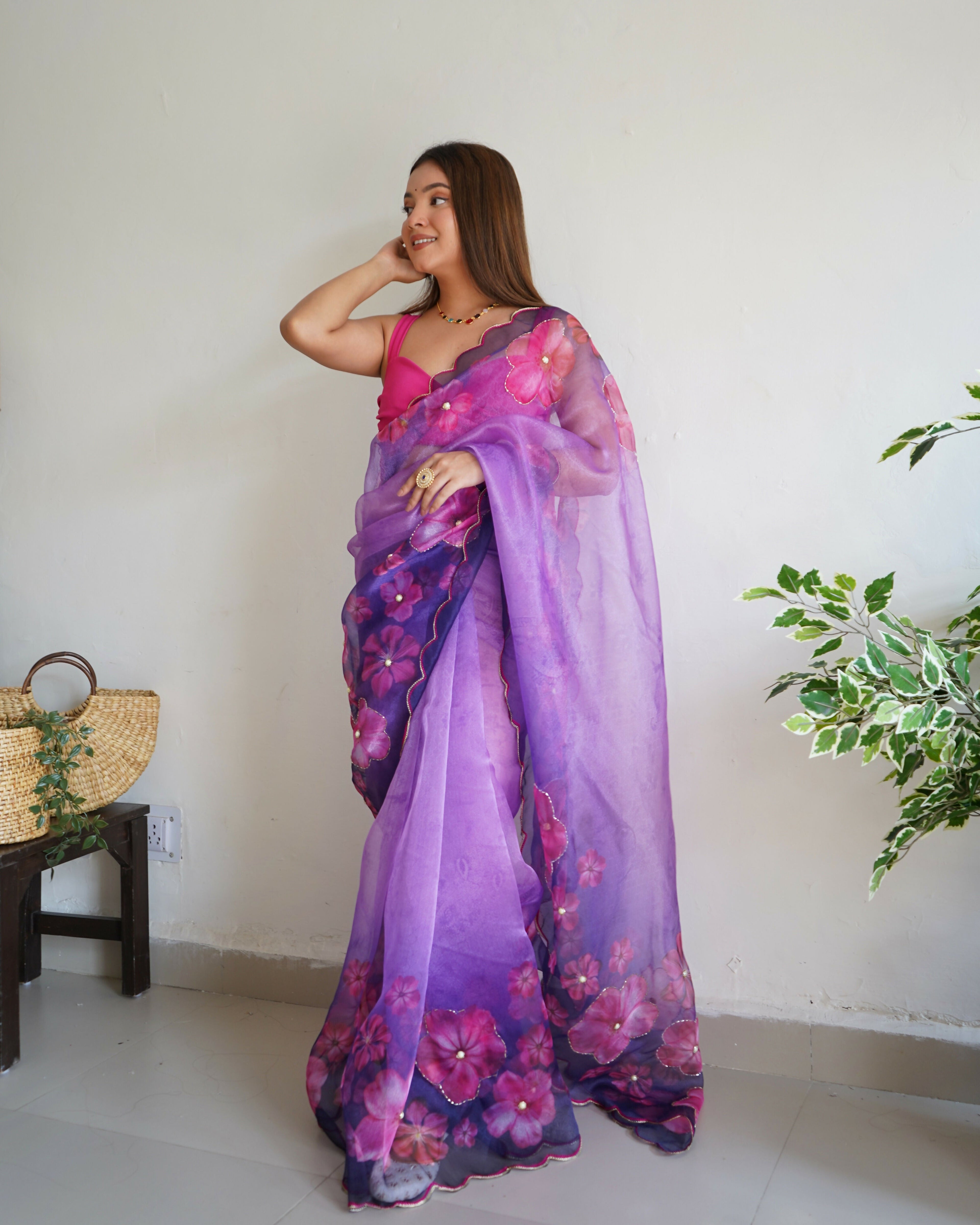 Vamsee Ramya Purple Organza Saree