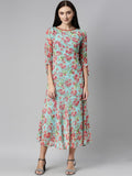 Souchii Turquoise Blue Floral Printed Chiffon A-Line Midi Dress