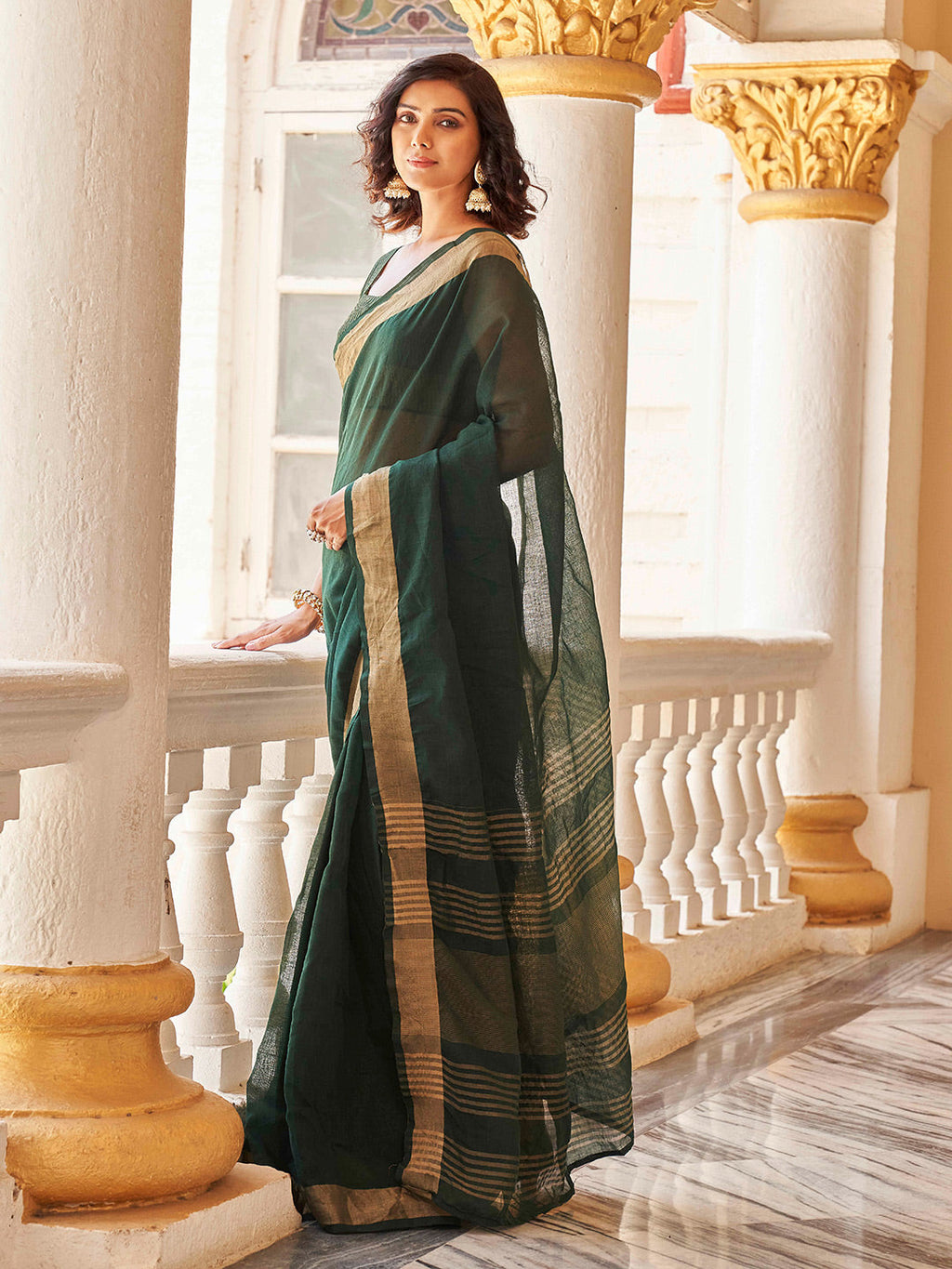 Tikhi Imli Green & Gold-Toned Polycotton Zari Ready to Wear Saree