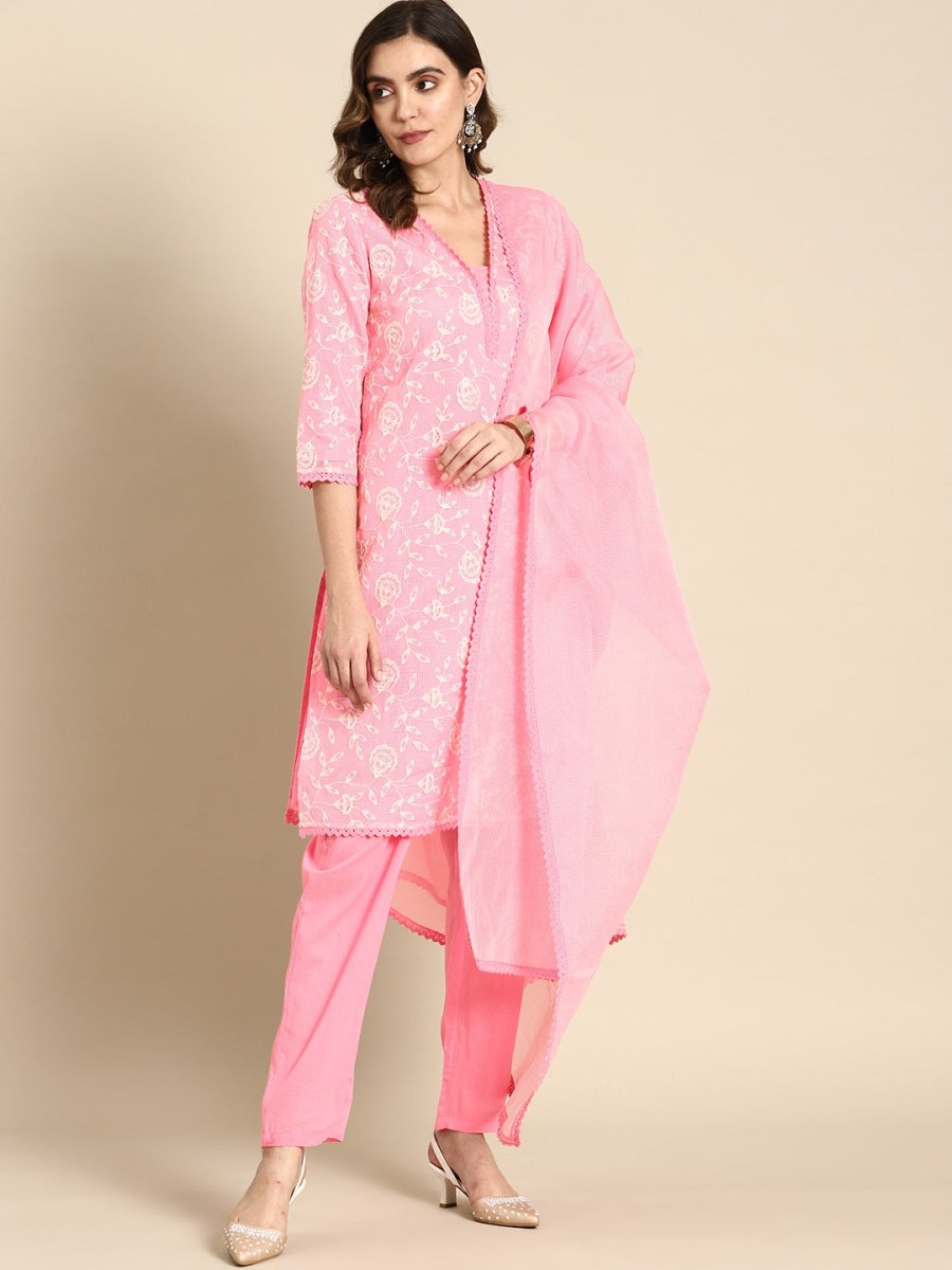 All About You Women Floral Embroidered Regular Kurta with Trousers & Dupatta