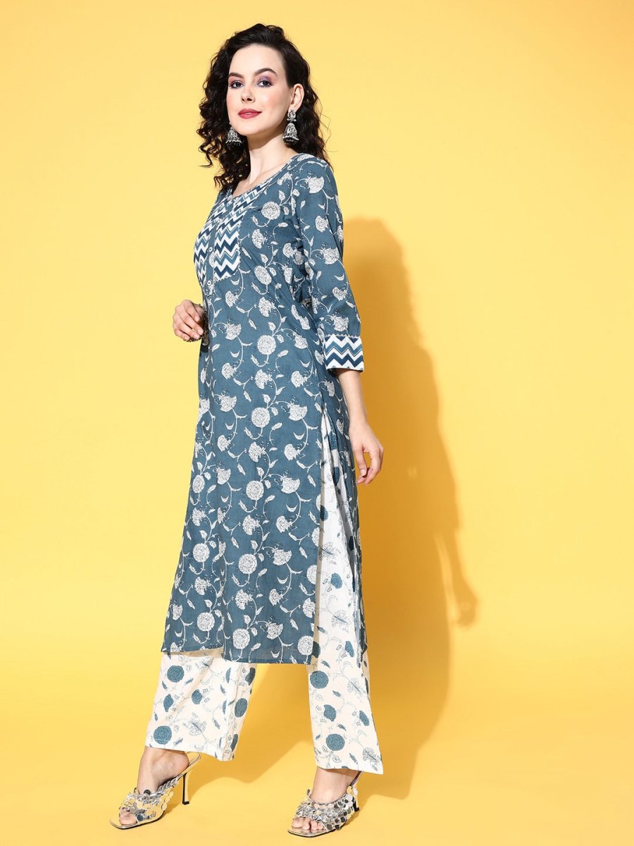 All About You Blue Floral Printed Gotta Patti Pure Cotton Kurta With Trousers & Dupatta