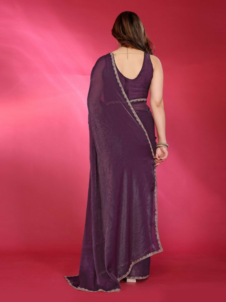 PR Fashion Wine Jimmy Choo Fabric Palin With Work Lace Saree