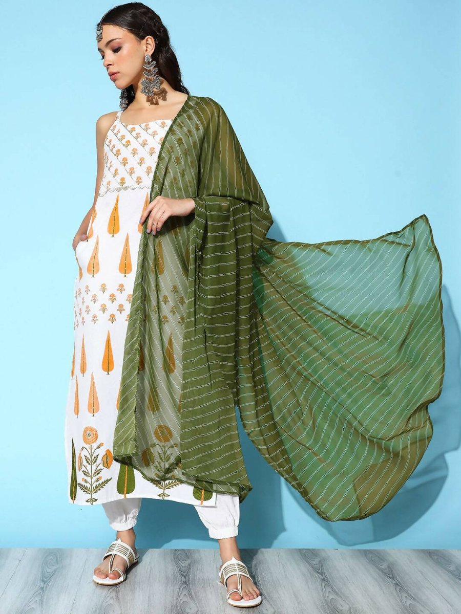 Ahalyaa Women's White Colour Pure Cotton Pigment Printed Kurta Pant Set With Dupatta