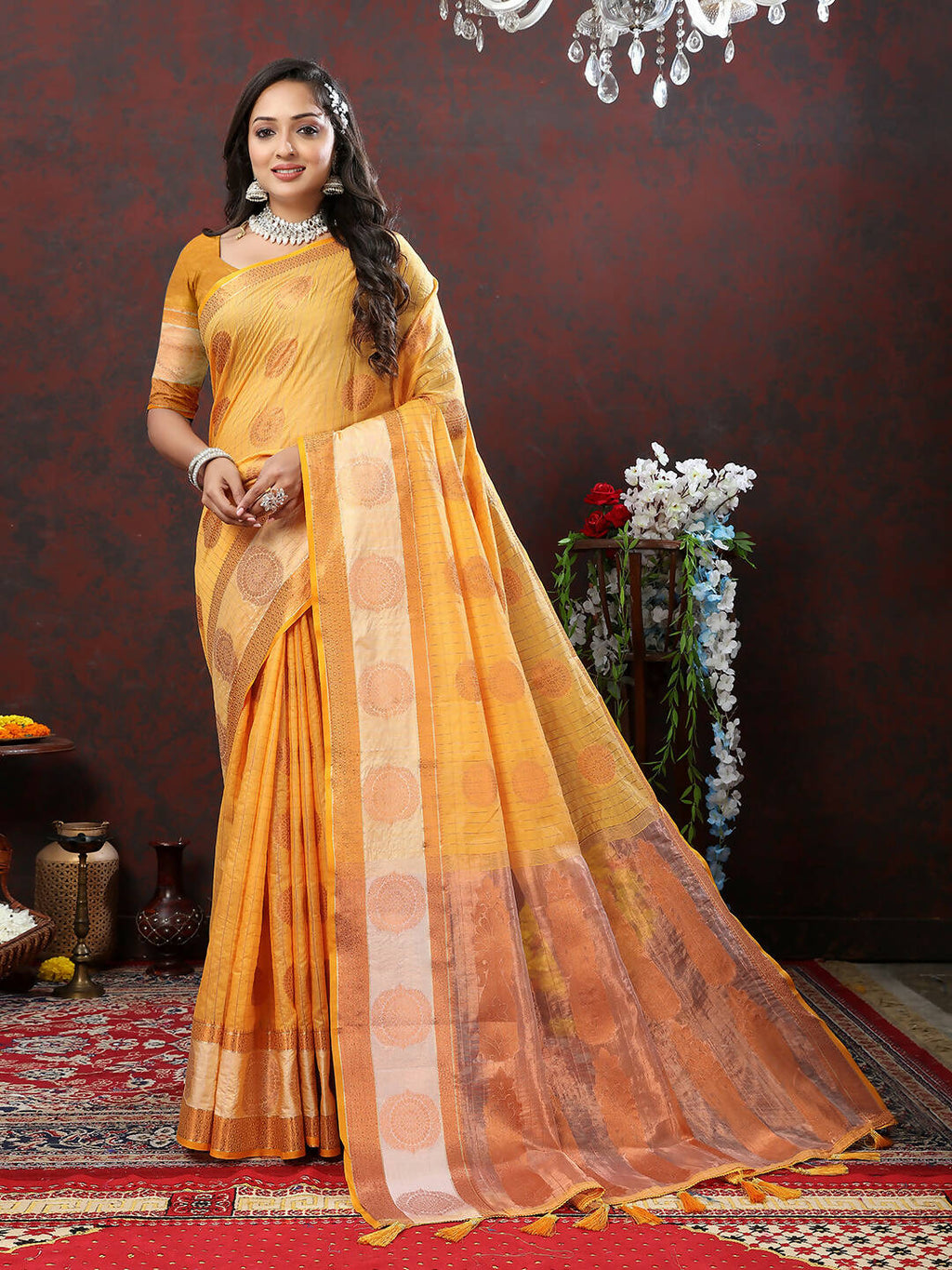 Lorenvalley Fashion Orange Cotton with Woven Design Zari Weaving Saree