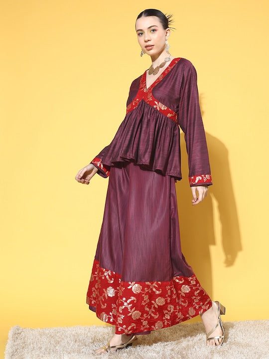 InWeave Women's Wine Red Brocade Mughal Shaan Kurta Palazzo Set