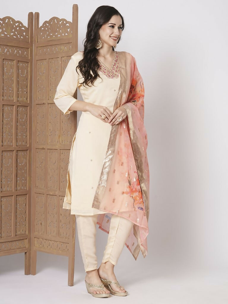 Peach PV Chanderi Embroidery Work,Printed Kurta Set - Riya