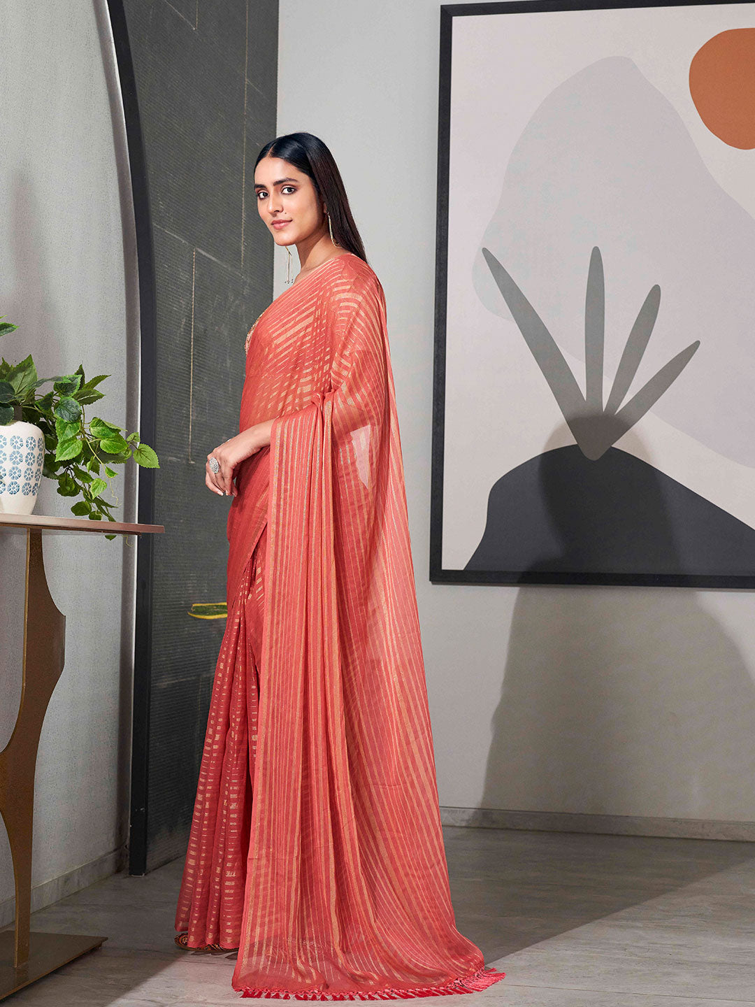 Tikhi Imli Striped Chiffon Ready to Wear Saree