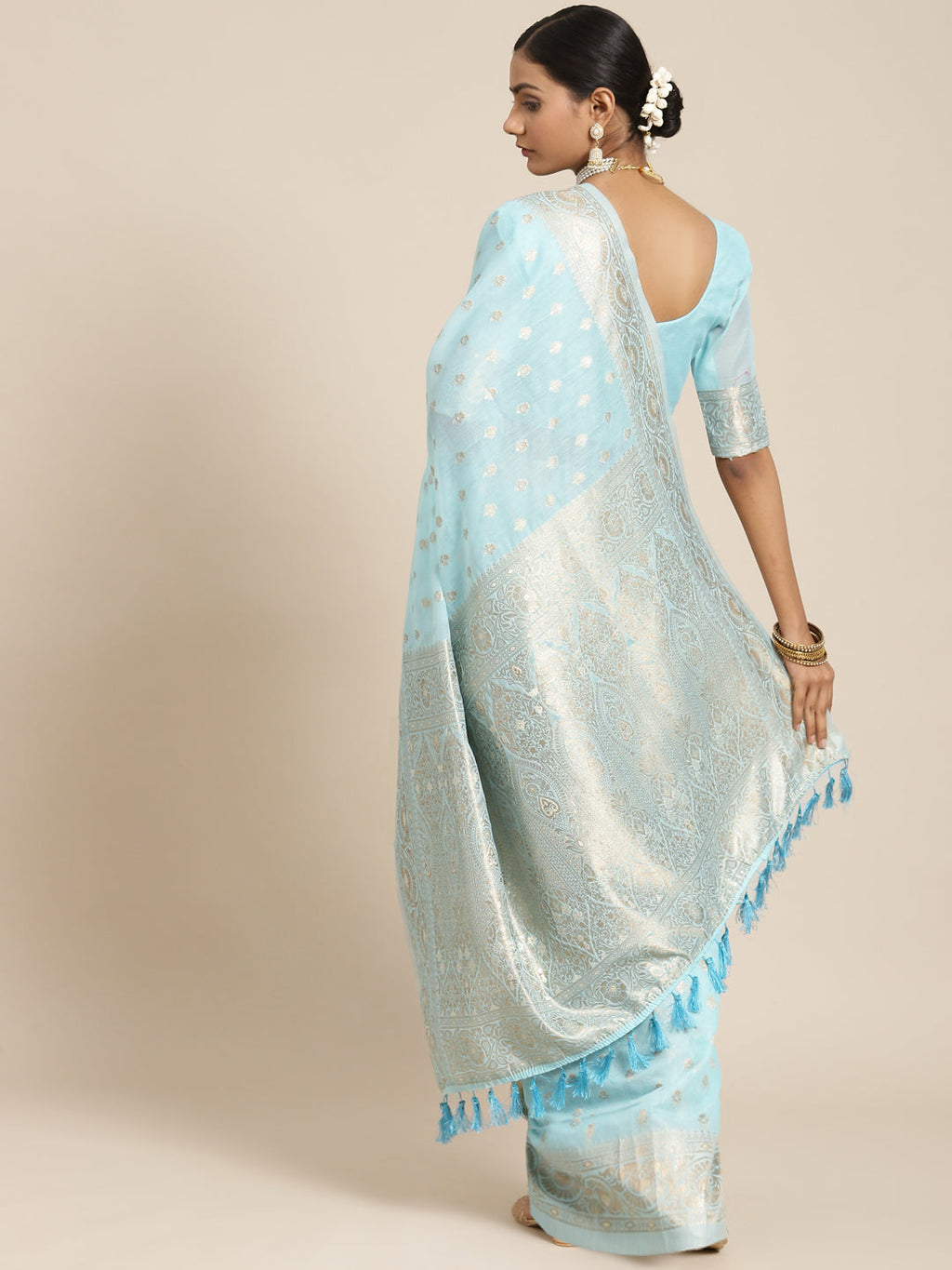 Saree Mall Blue & Silver-Toned Floral Zari Silk Cotton Sambalpuri Saree