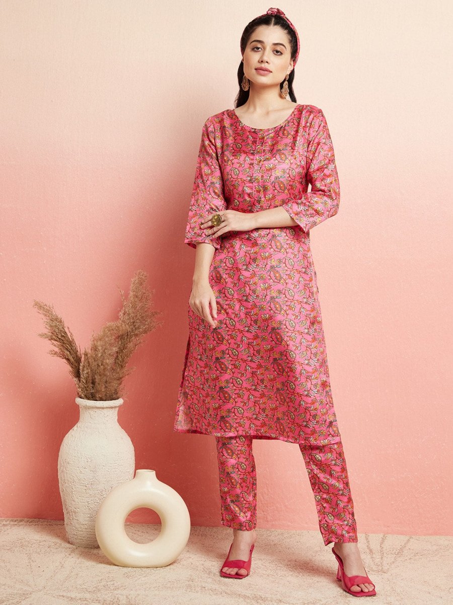 Aks Floral Printed Round Neck Kurta With Trousers