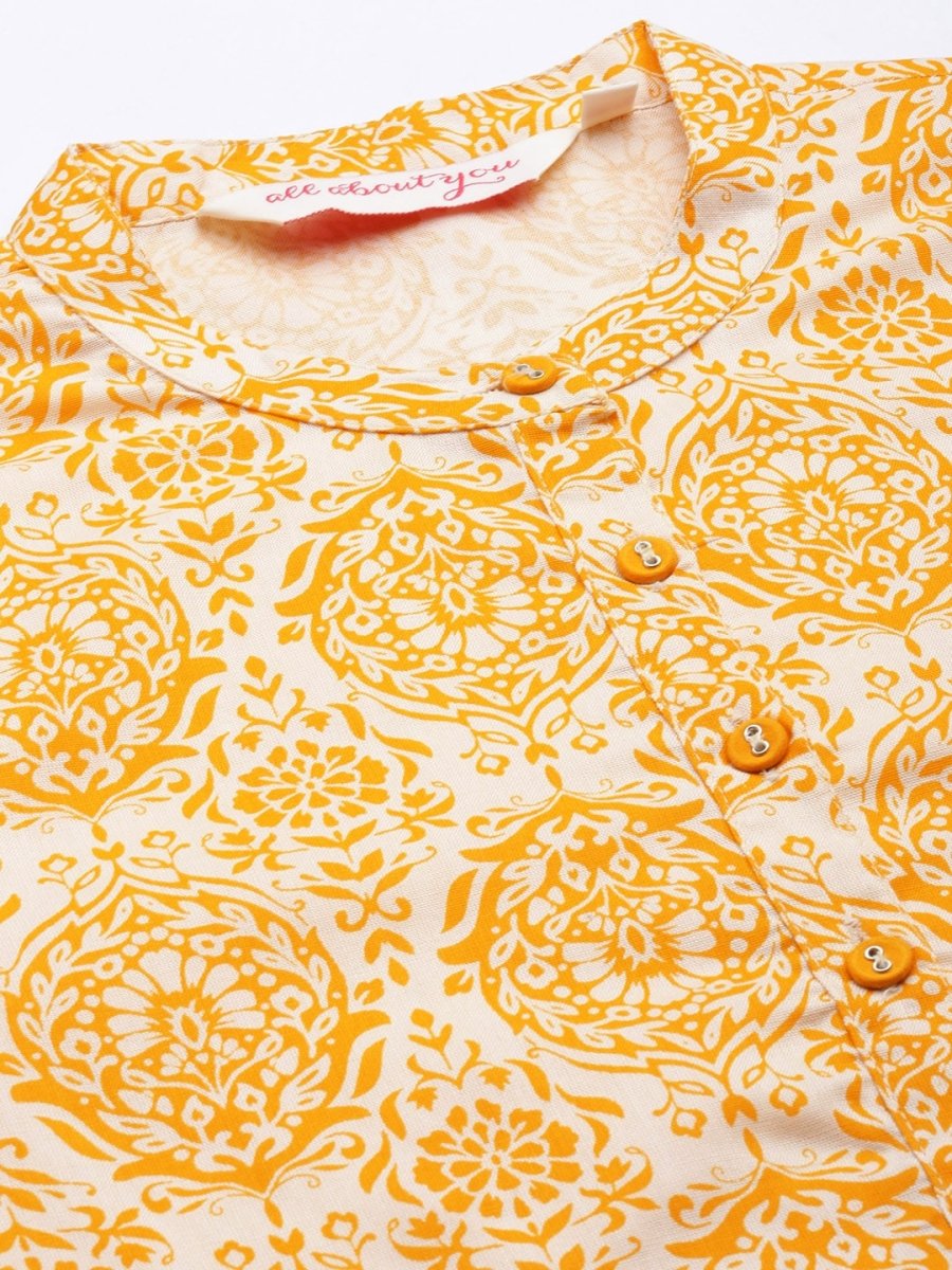 All About You Women Gold-Toned & White Printed Kurta