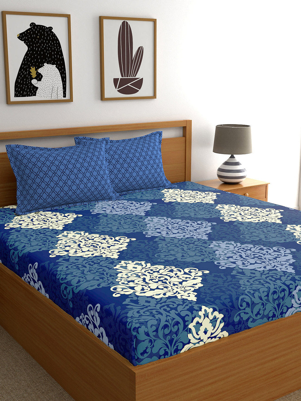 My Room Navy Blue Ethnic Printed 144 TC Super King Bedsheet with 2 Pillow Covers